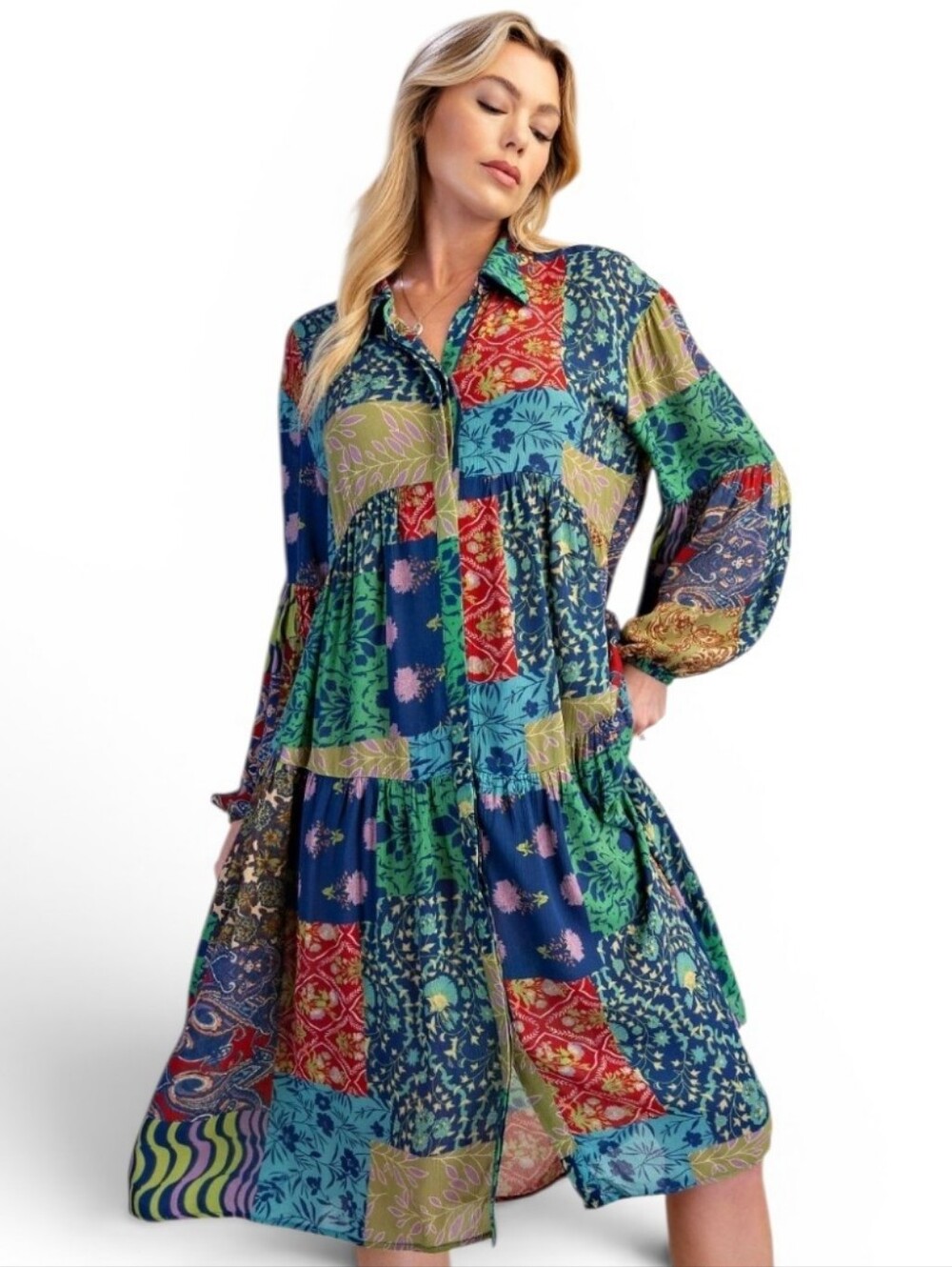 Easel Patchwork Print Rayon Gauze Shirt Dress